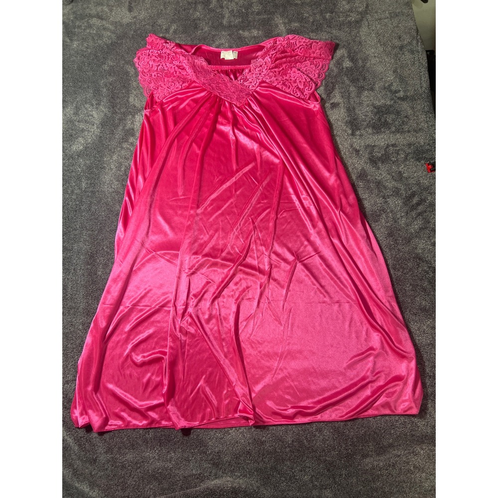 Lati Fashion Intimates Hot Pink Satin Lace Trim Nightgown Sleepwear Dress